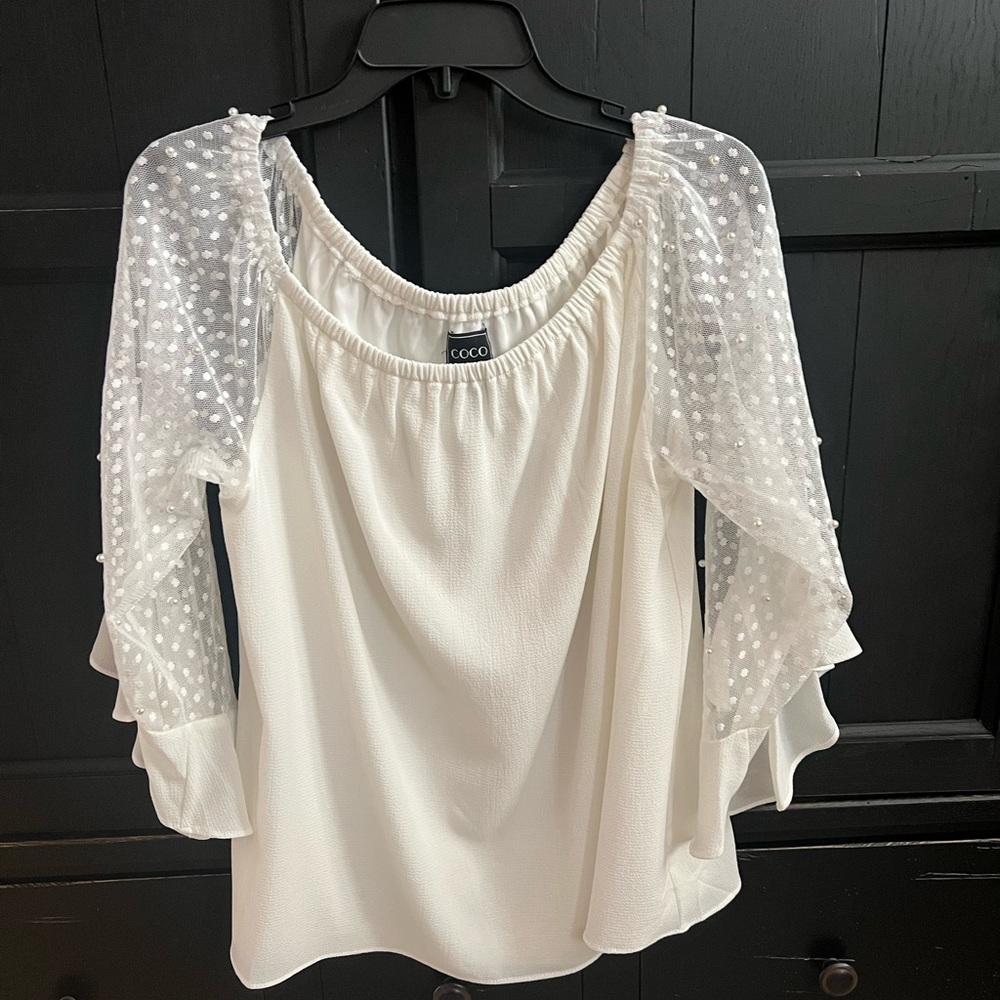 Coco Bianco White Blouse with Sheer Polka Dot Sleeves